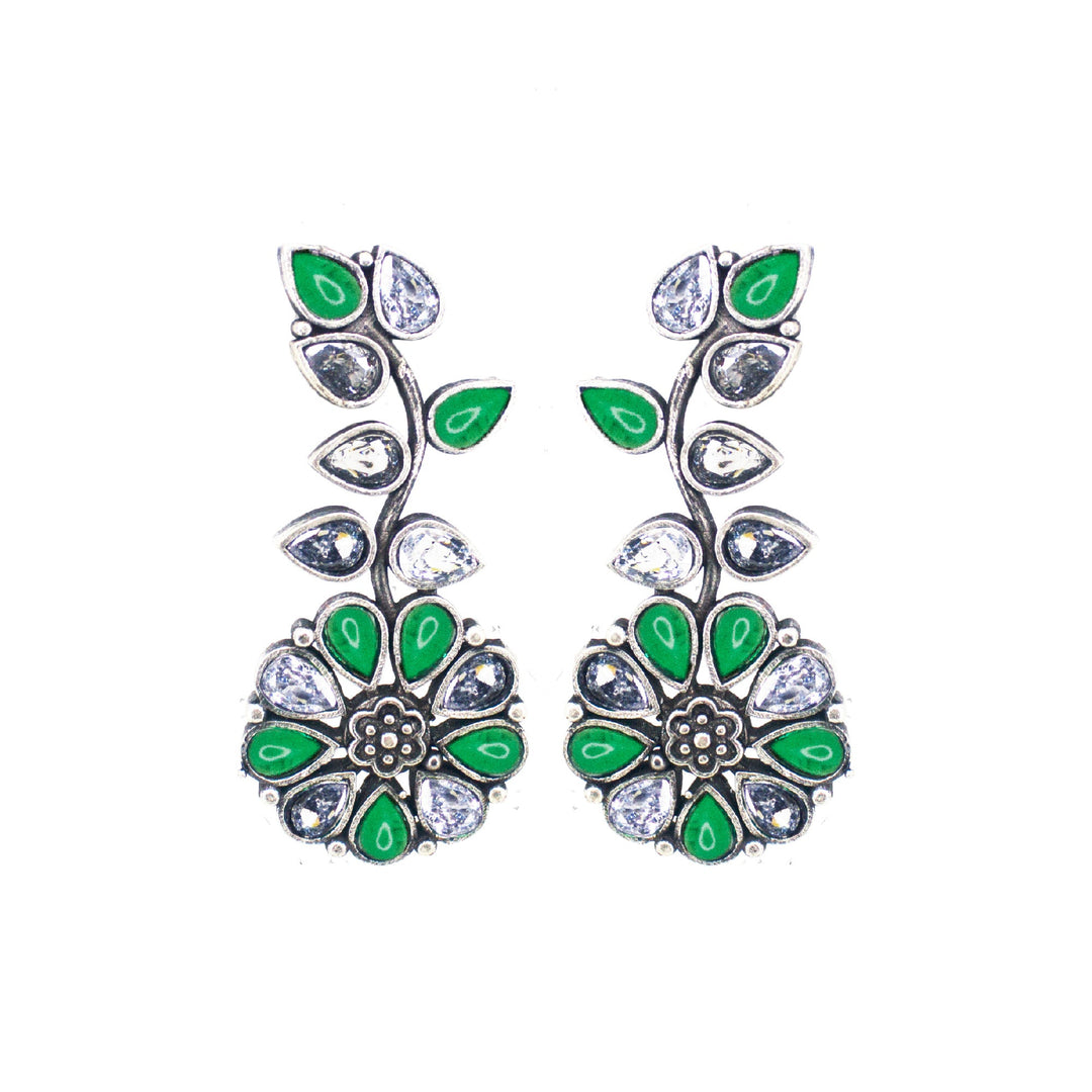 Abhinn Silver Replica Floral Design White & Green Stone Studded Studs Earrings for Women