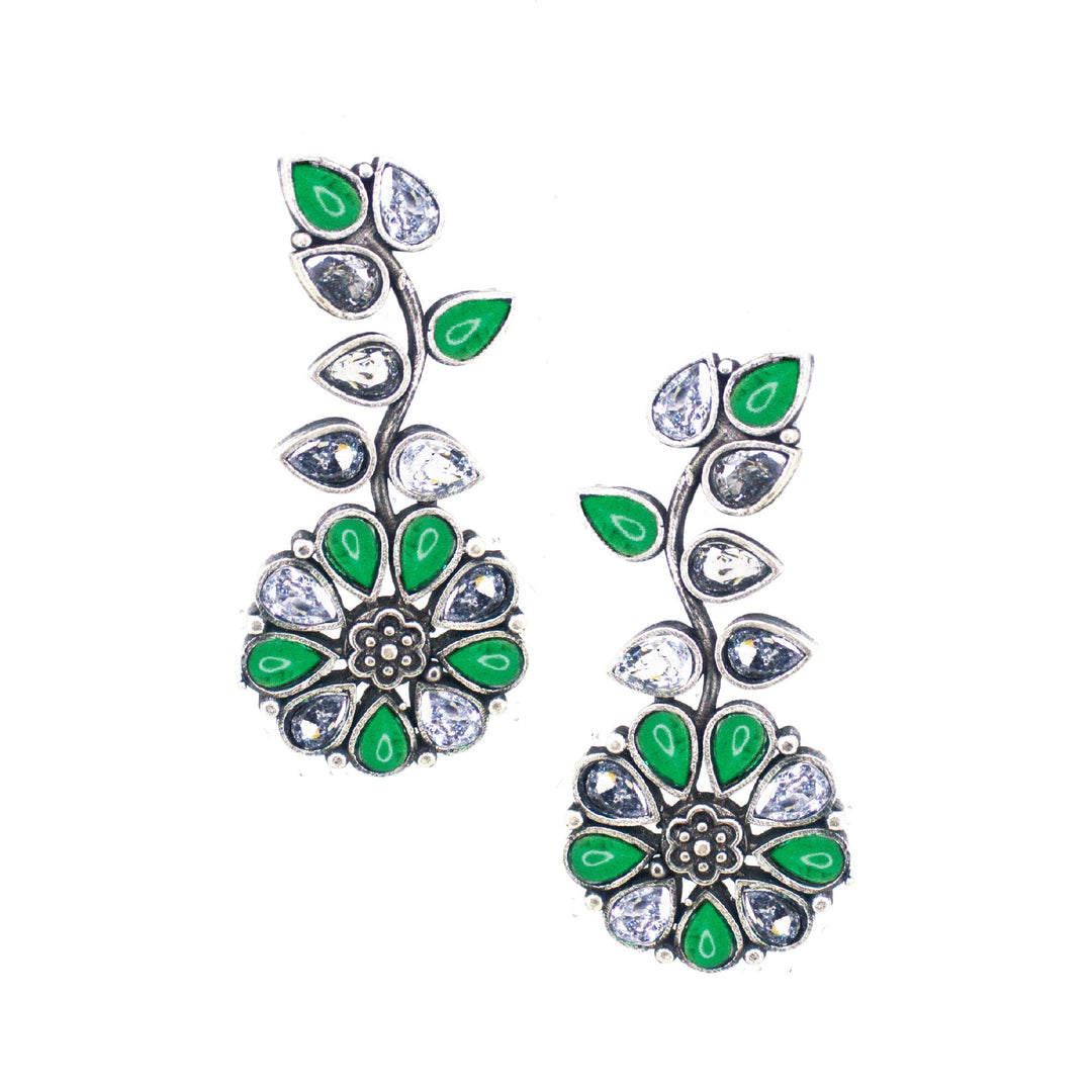 Abhinn Silver Replica Floral Design White & Green Stone Studded Studs Earrings for Women