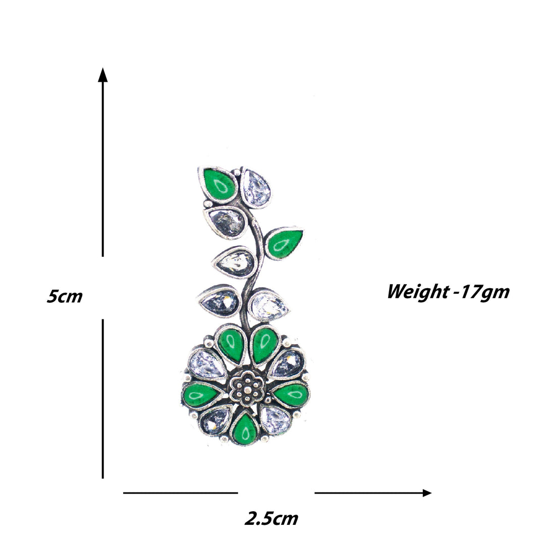 Abhinn Silver Replica Floral Design White & Green Stone Studded Studs Earrings for Women