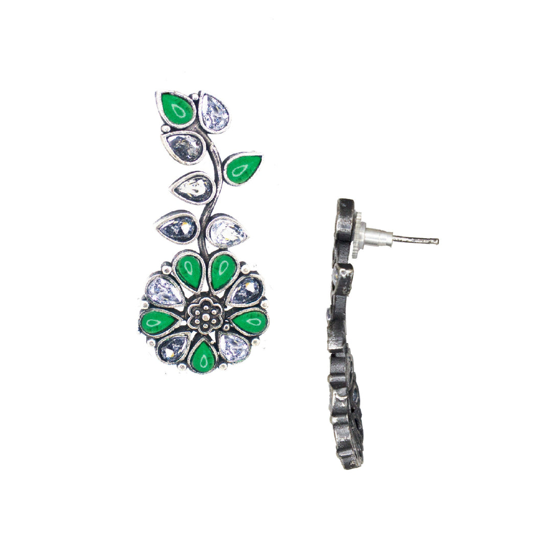 Abhinn Silver Replica Floral Design White & Green Stone Studded Studs Earrings for Women