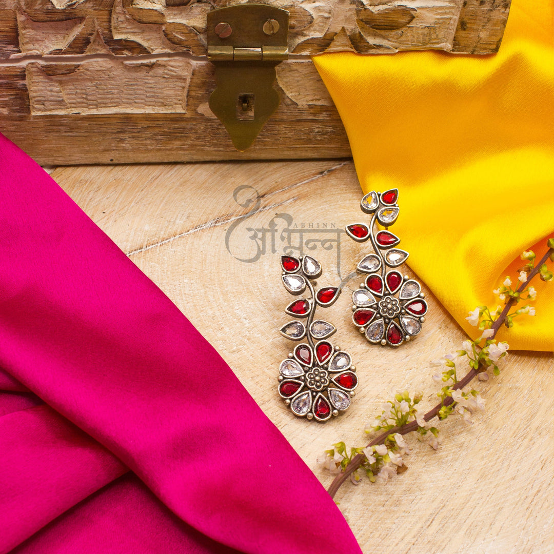 Abhinn Silver Replica Floral Design Stone Studded Studs Earrings for Women