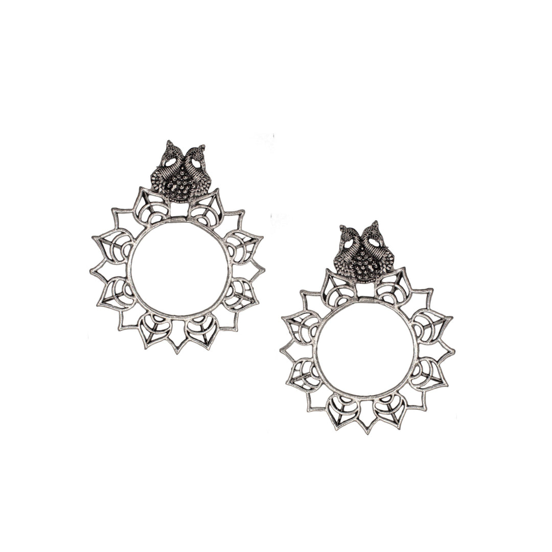 Abhinn Silver Oxidised Peacock and Floral Design Stud Earrings For Women