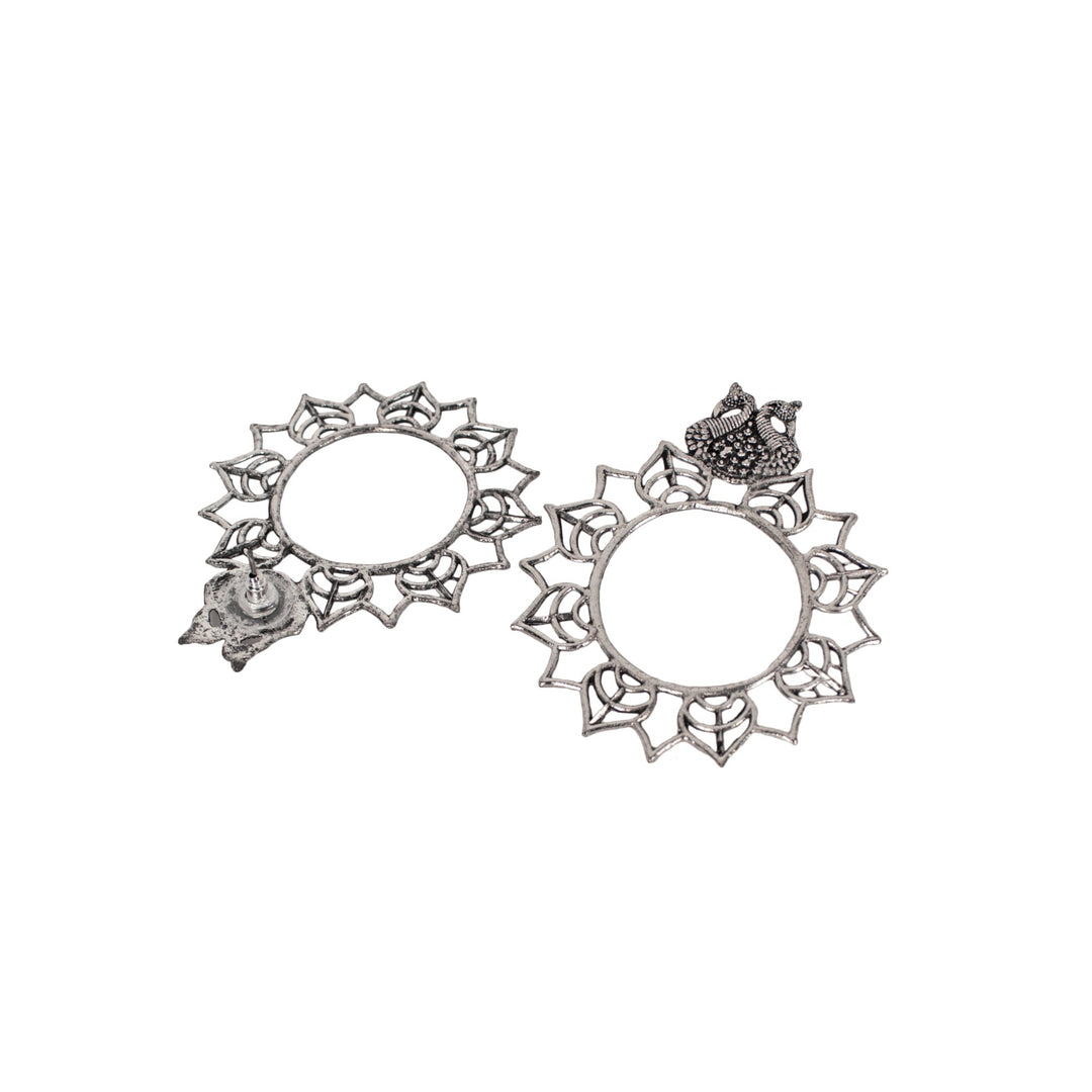 Abhinn Silver Oxidised Peacock and Floral Design Stud Earrings For Women