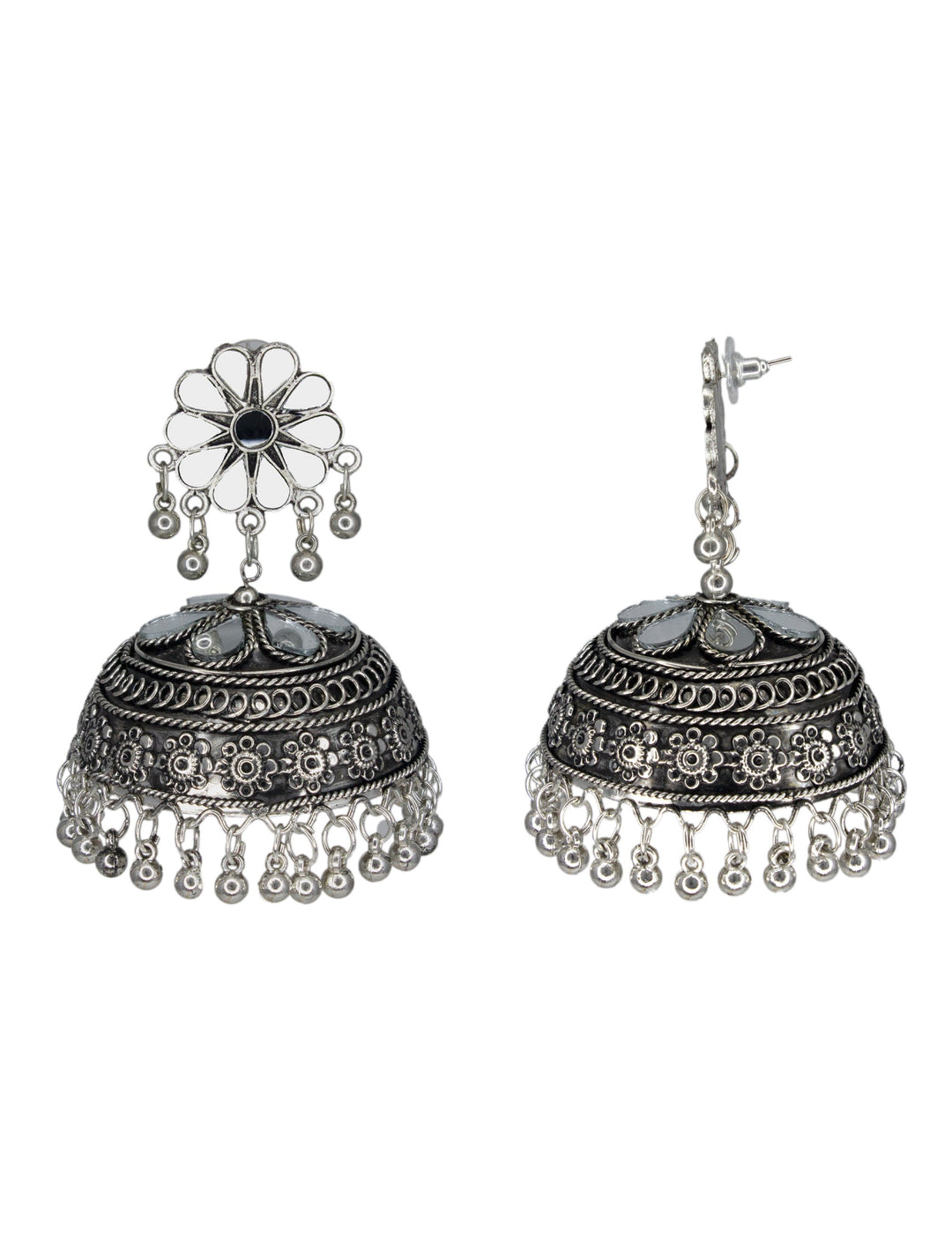 Abhinn Afghani Silver Oxidised Floral Design MIrror Stud Big Jhumka Earring For Women