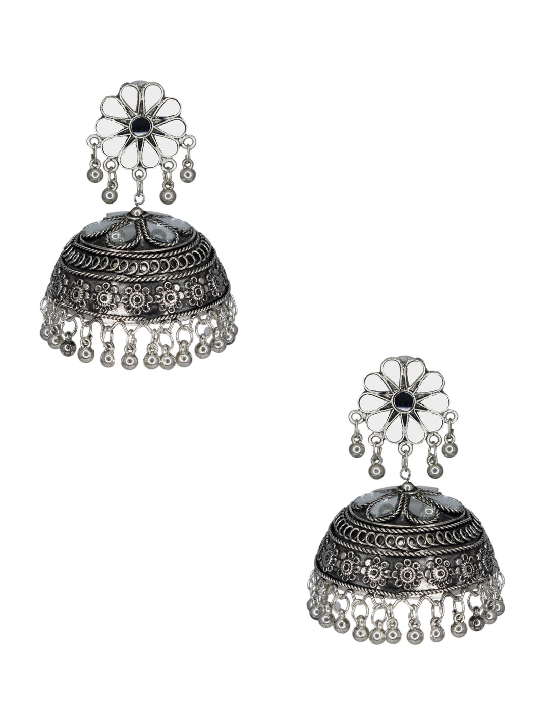 Abhinn Afghani Silver Oxidised Floral Design MIrror Stud Big Jhumka Earring For Women