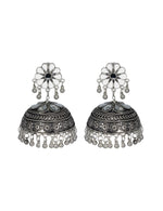 Load image into Gallery viewer, Abhinn Afghani Silver Oxidised Floral Design MIrror Stud Big Jhumka Earring For Women 
