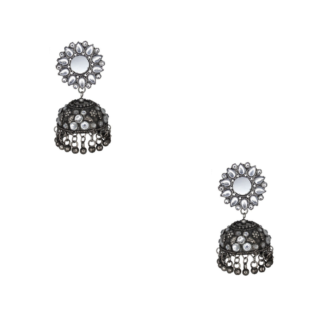 Abhinn Handmade Oxidised Silver Mirror Stud Kundan Stone Jhumka Earrings For Women
