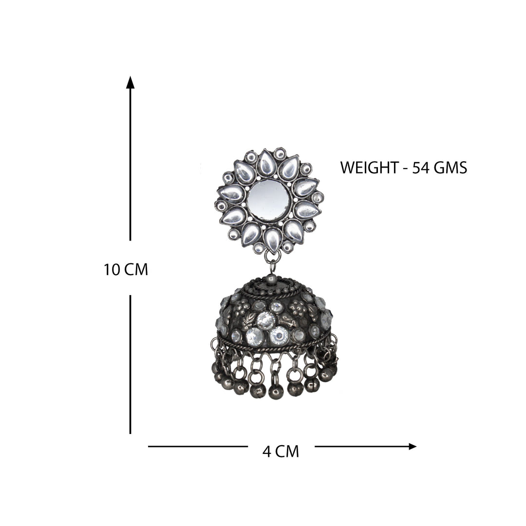 Abhinn Handmade Oxidised Silver Mirror Stud Kundan Stone Jhumka Earrings For Women