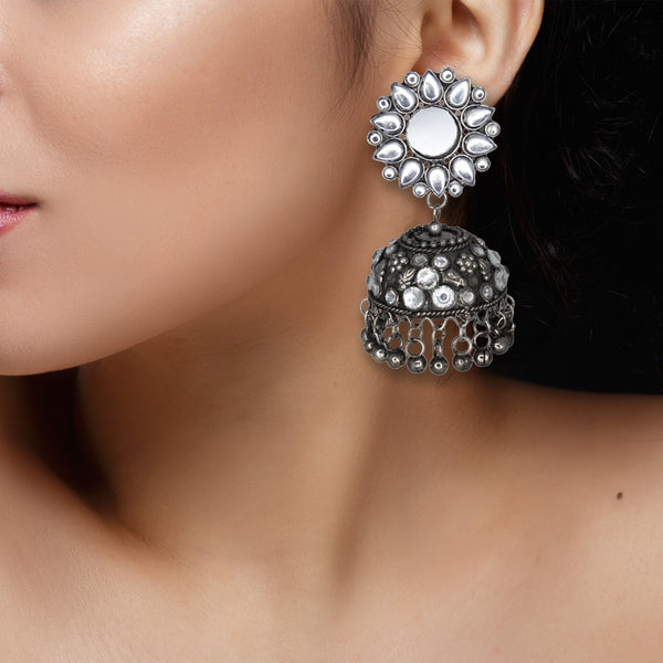 Abhinn Handmade Oxidised Silver Mirror Stud Kundan Stone Jhumka Earrings For Women