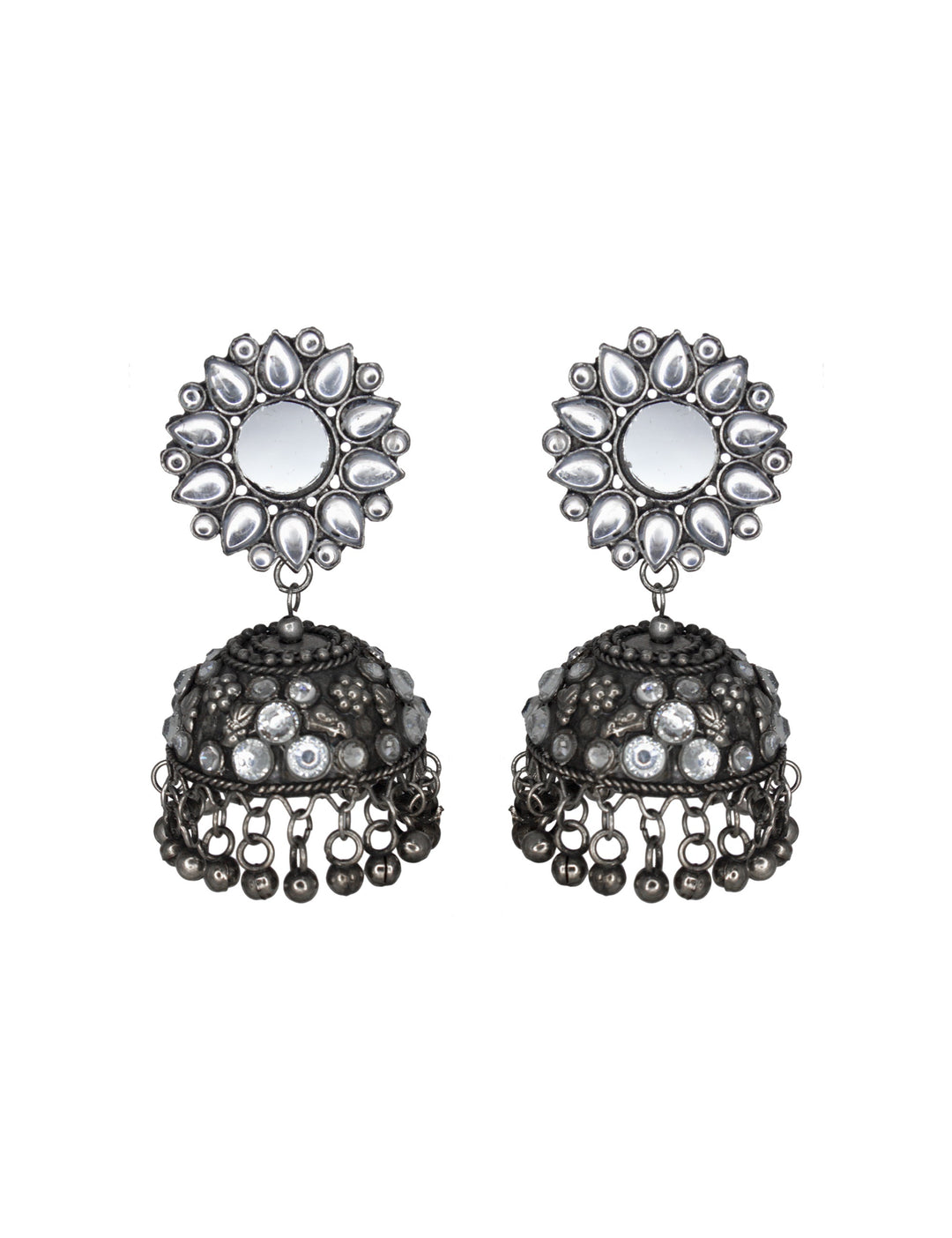 Abhinn Handmade Oxidised Silver Mirror Stud Kundan Stone Jhumka Earrings For Women