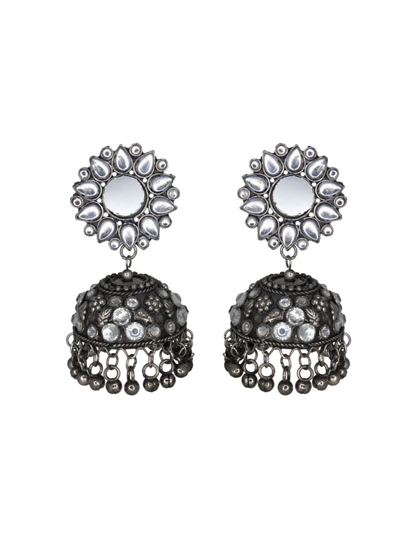 Abhinn Handmade Oxidised Silver Mirror Stud Kundan Stone Jhumka Earrings For Women