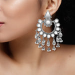 Load image into Gallery viewer, Abhinn Silver Oxidised Floral Design Mirror With Silver Beads Dangler Earrings For Women

