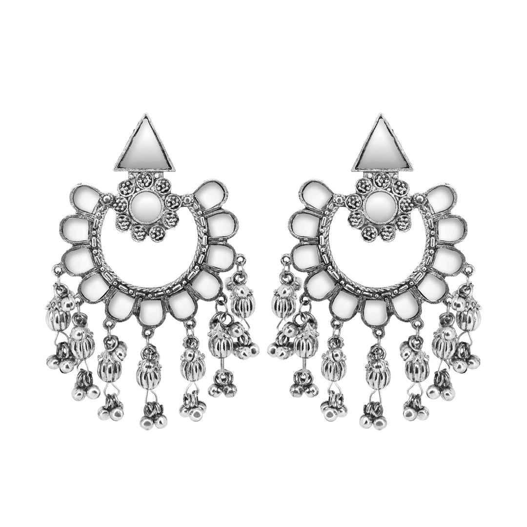 Abhinn Silver Oxidised Floral Design Mirror With Silver Beads Dangler Earrings For Women