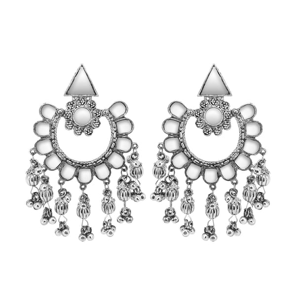 Abhinn Silver Oxidised Floral Design Mirror With Silver Beads Dangler Earrings For Women