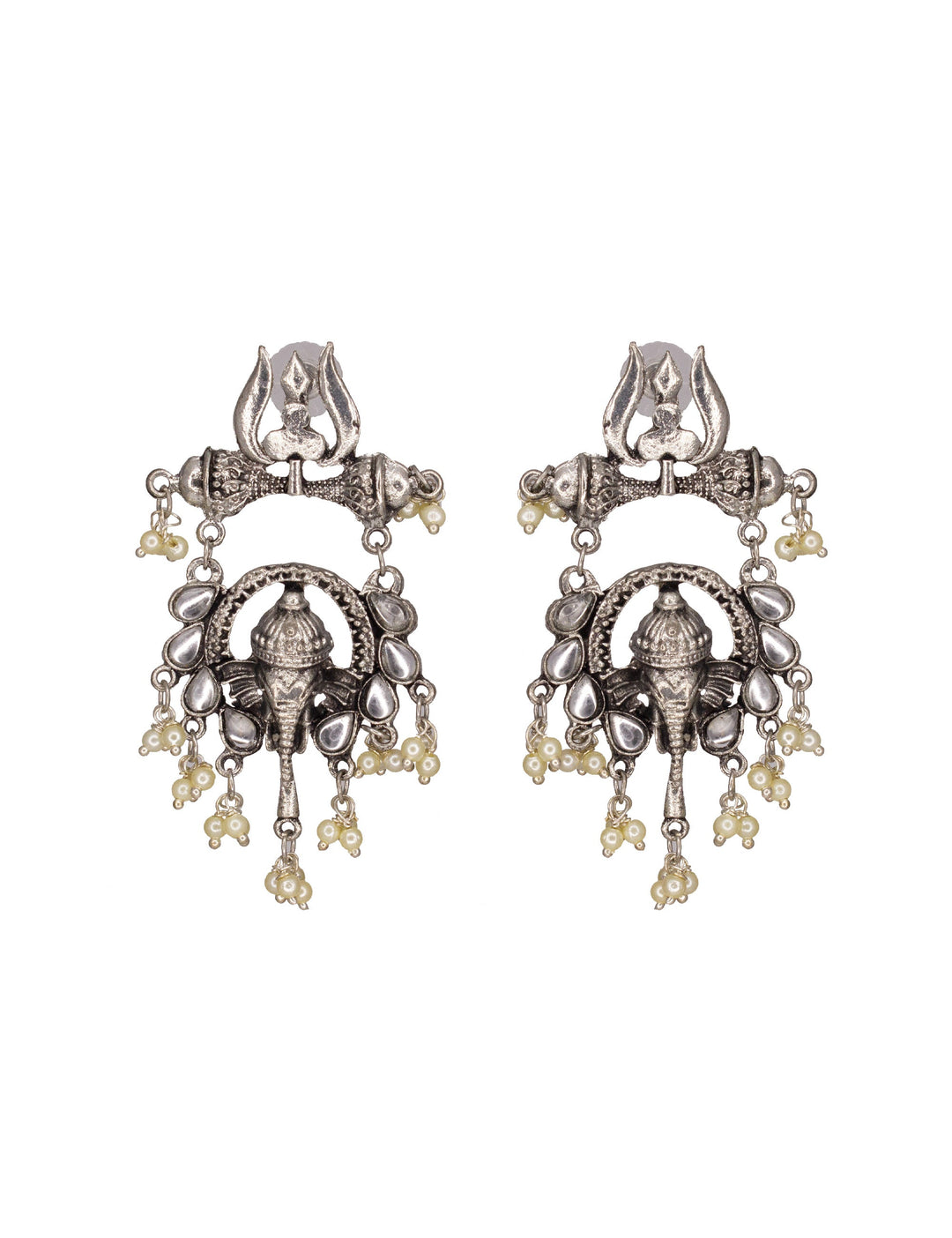 Abhinn Silver Oxidised Ganesha With White Kundan Stone Dangler Earring For Women