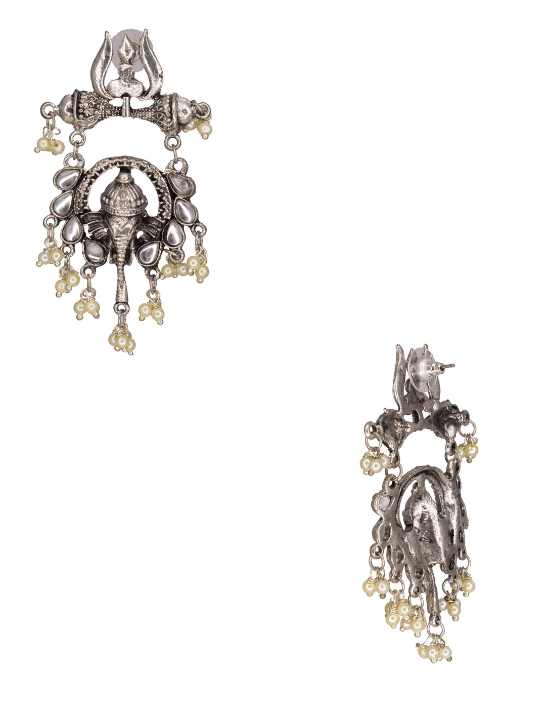 Abhinn Silver Oxidised Ganesha With White Kundan Stone Dangler Earring For Women