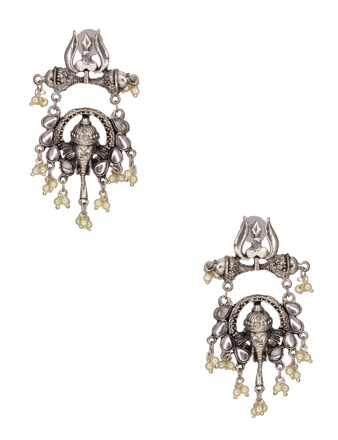 Abhinn Silver Oxidised Ganesha With White Kundan Stone Dangler Earring For Women