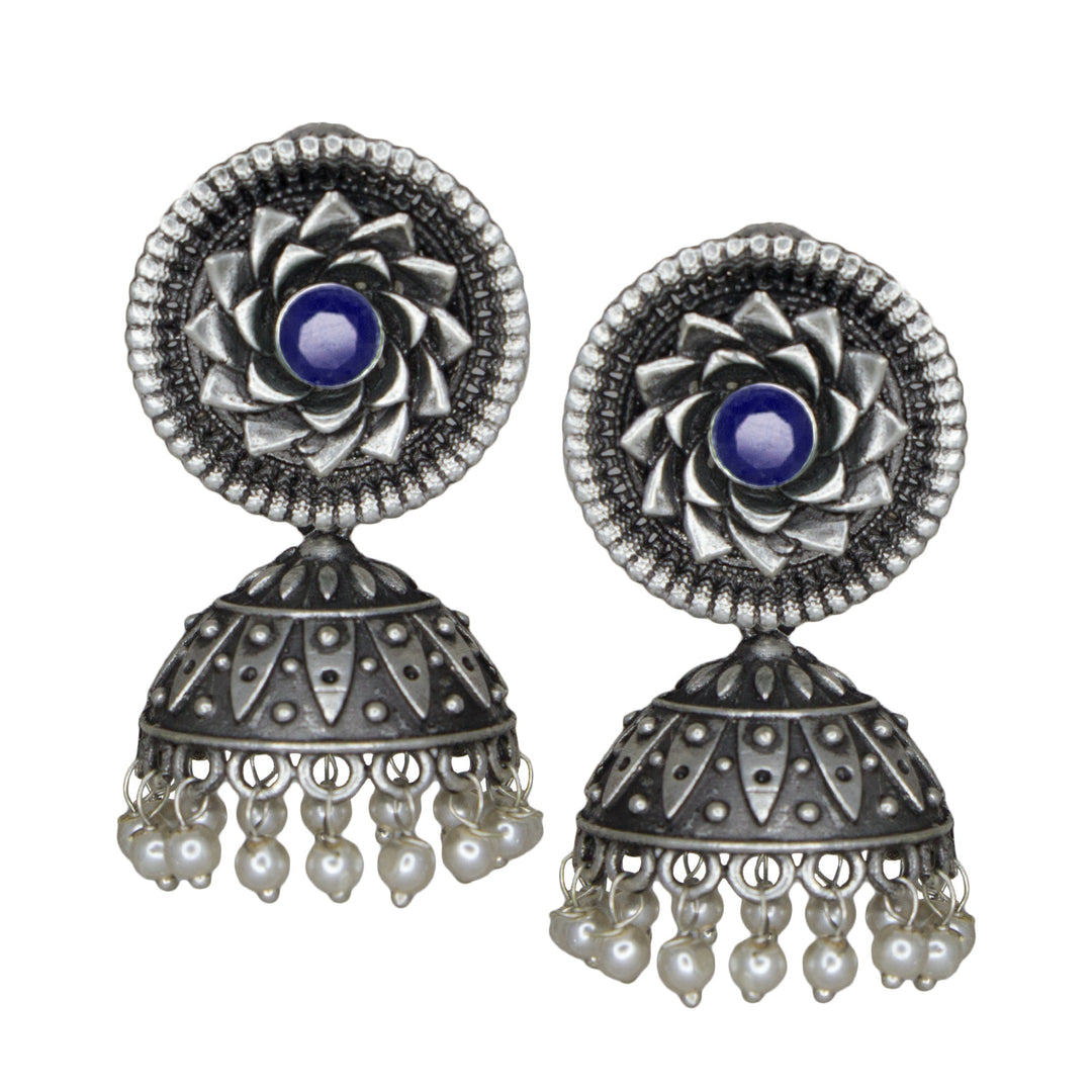 Abhinn Silver Replica Blue Floral Design Jhumka With CZ Stone Earrings For Girls