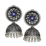 Load image into Gallery viewer, Abhinn Silver Replica Blue Floral Design Jhumka With CZ Stone Earrings For Girls
