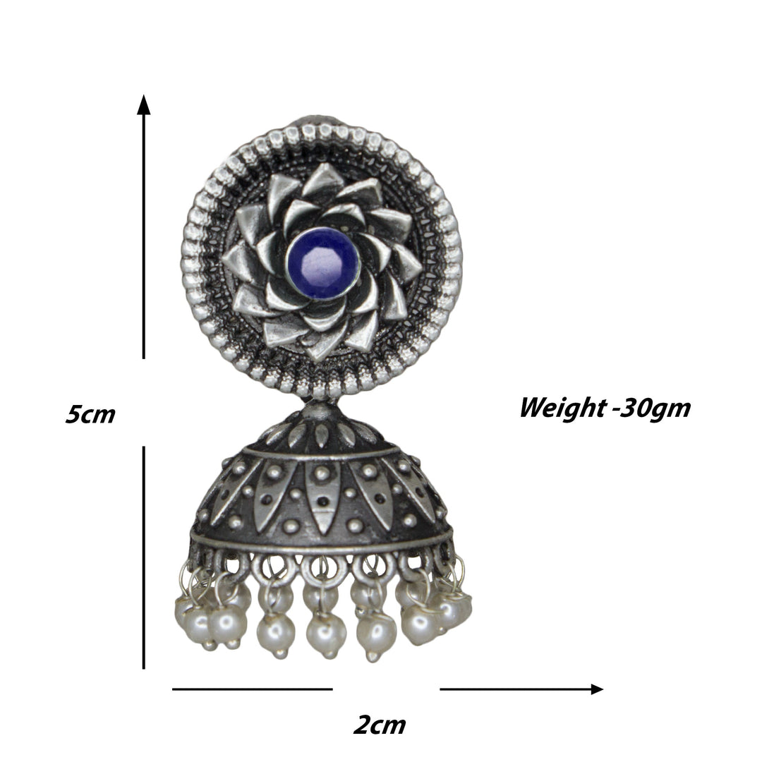Abhinn Silver Replica Blue Floral Design Jhumka With CZ Stone Earrings For Girls