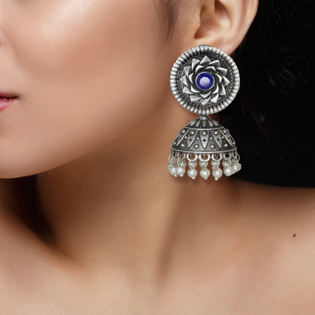 Abhinn Silver Replica Blue Floral Design Jhumka With CZ Stone Earrings For Girls