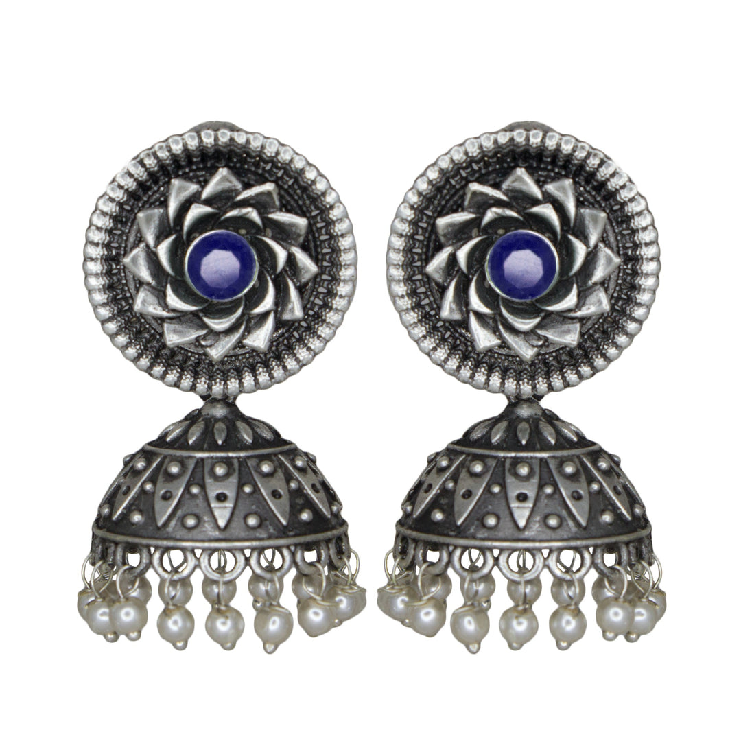 Abhinn Silver Replica Blue Floral Design Jhumka With CZ Stone Earrings For Girls