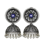 Load image into Gallery viewer, Abhinn Silver Replica Blue Floral Design Jhumka With CZ Stone Earrings For Girls
