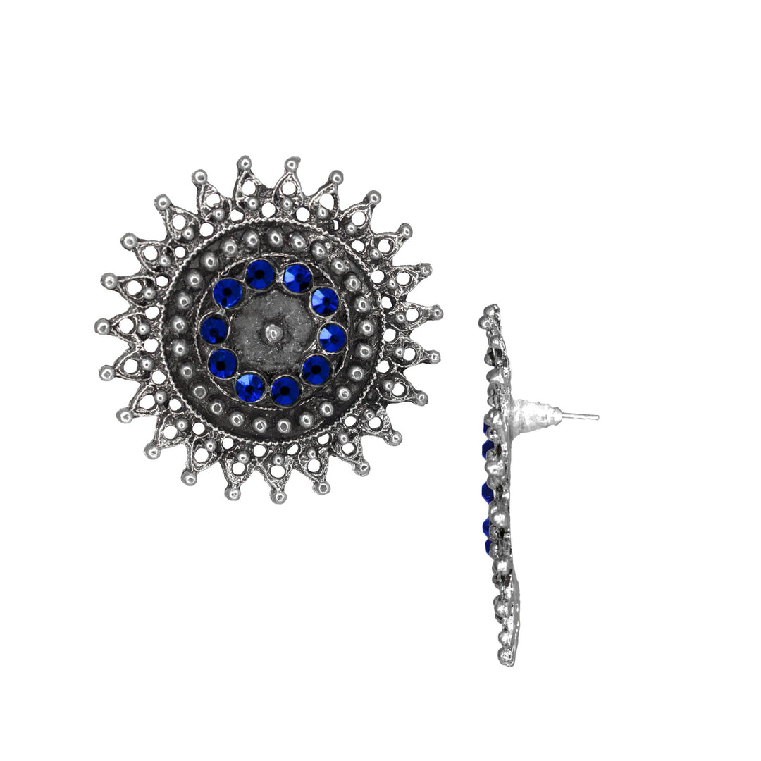 Abhinn Designer Silver Oxidised Sun Shape Blue Big Studs For Women