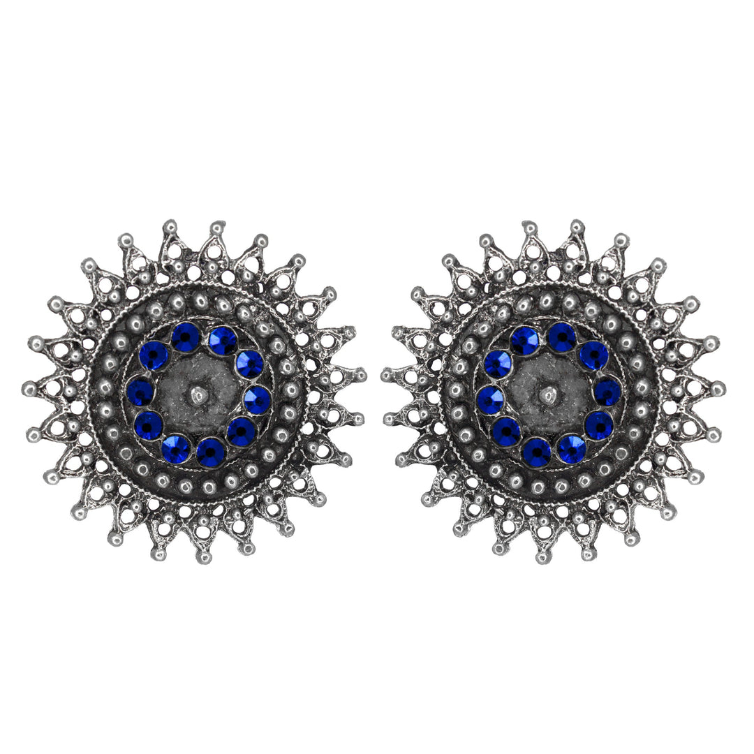 Abhinn Designer Silver Oxidised Sun Shape Blue Big Studs For Women
