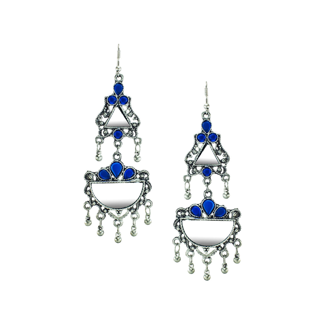 Abhinn Afghani Silver Oxidised Mirror With Stones Dangler Earrings for Women