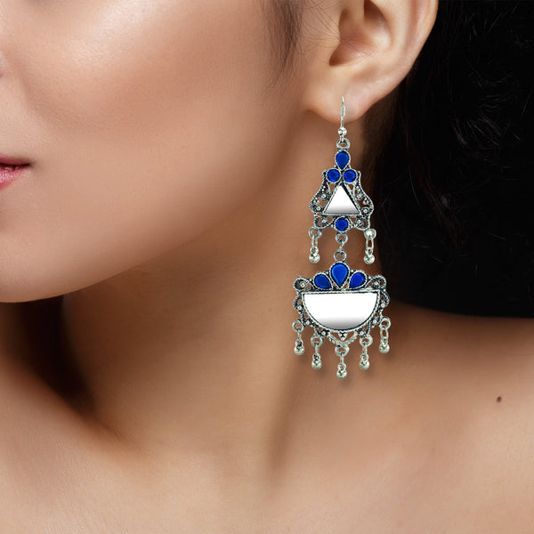 Abhinn Afghani Silver Oxidised Mirror With Stones Dangler Earrings for Women
