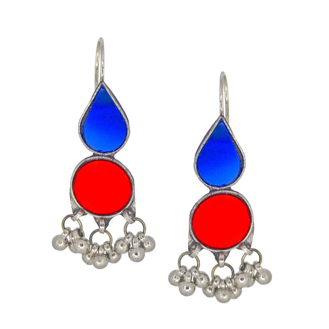 Abhinn Afghani Silver Plated Red-Blue Glass Dangler Earrings For Women