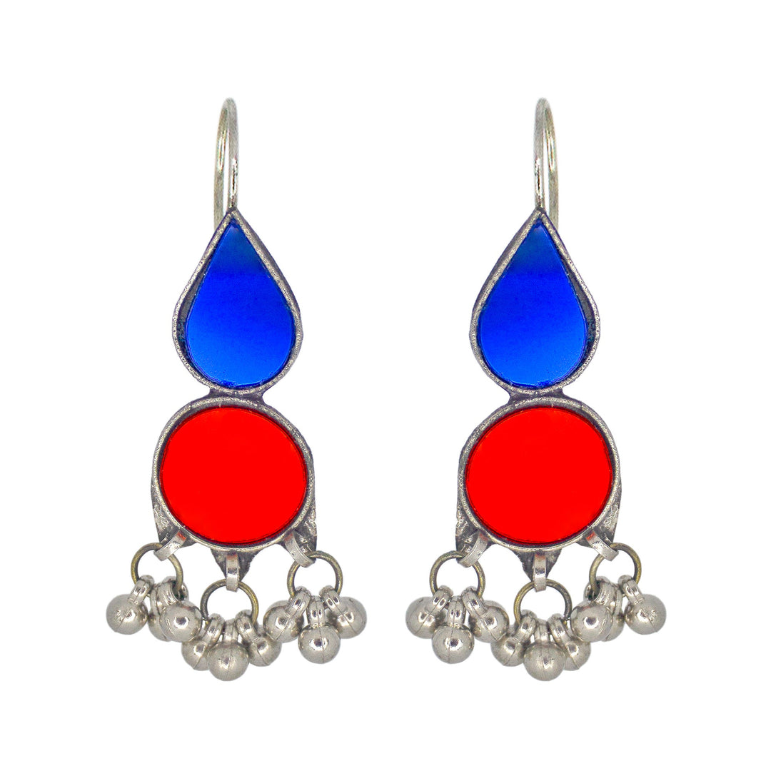 Abhinn Afghani Silver Plated Red-Blue Glass Dangler Earrings For Women