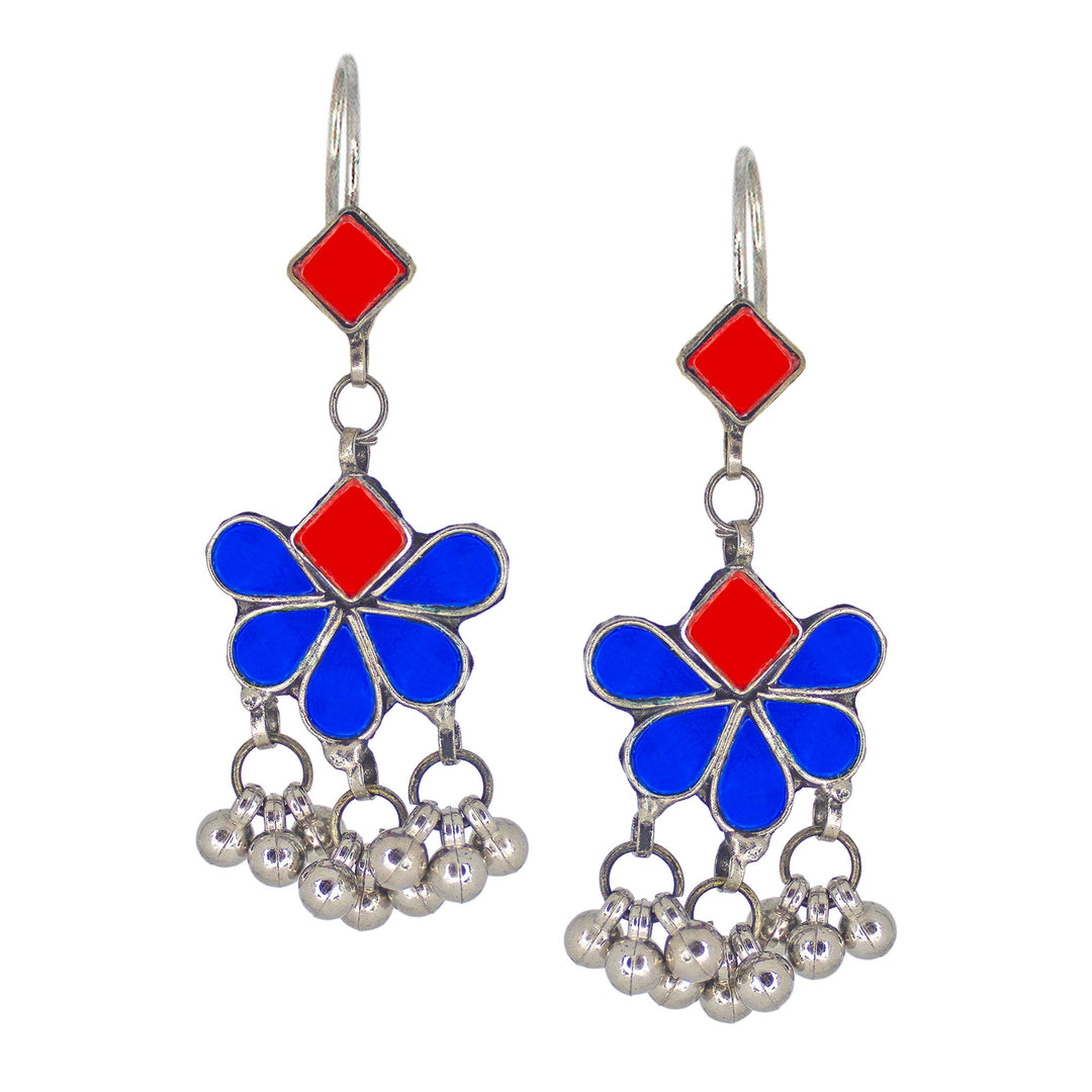 Abhinn Afghani Silver Plated Floral Design Red-Blue Glass Dangler Earrings For Women