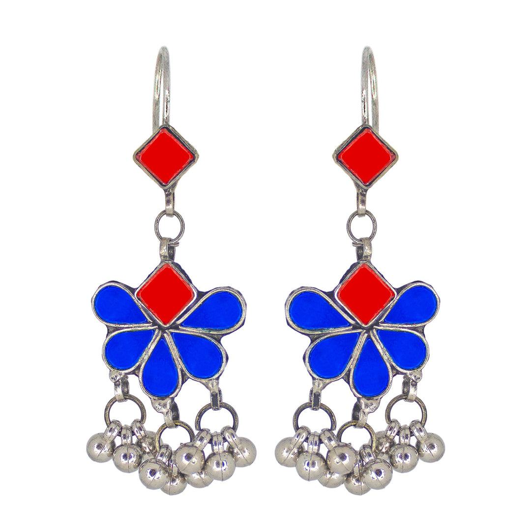 Abhinn Afghani Silver Plated Floral Design Red-Blue Glass Dangler Earrings For Women