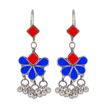 Load image into Gallery viewer, Abhinn Afghani Silver Plated Floral Design Red-Blue Glass Dangler Earrings For Women
