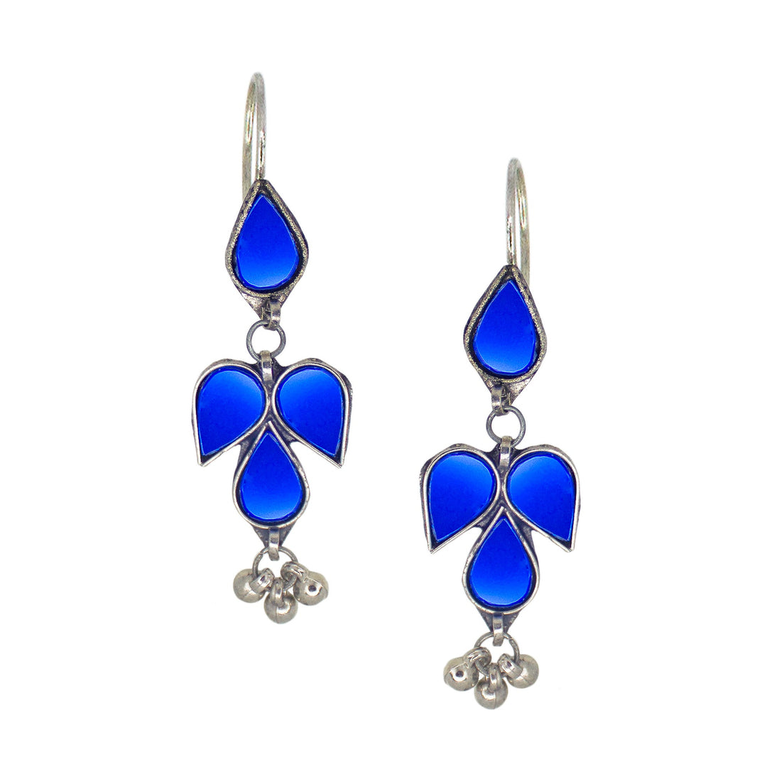Abhinn Afghani Silver Plated Petal Shape Blue Glass Dangler Earrings For Women