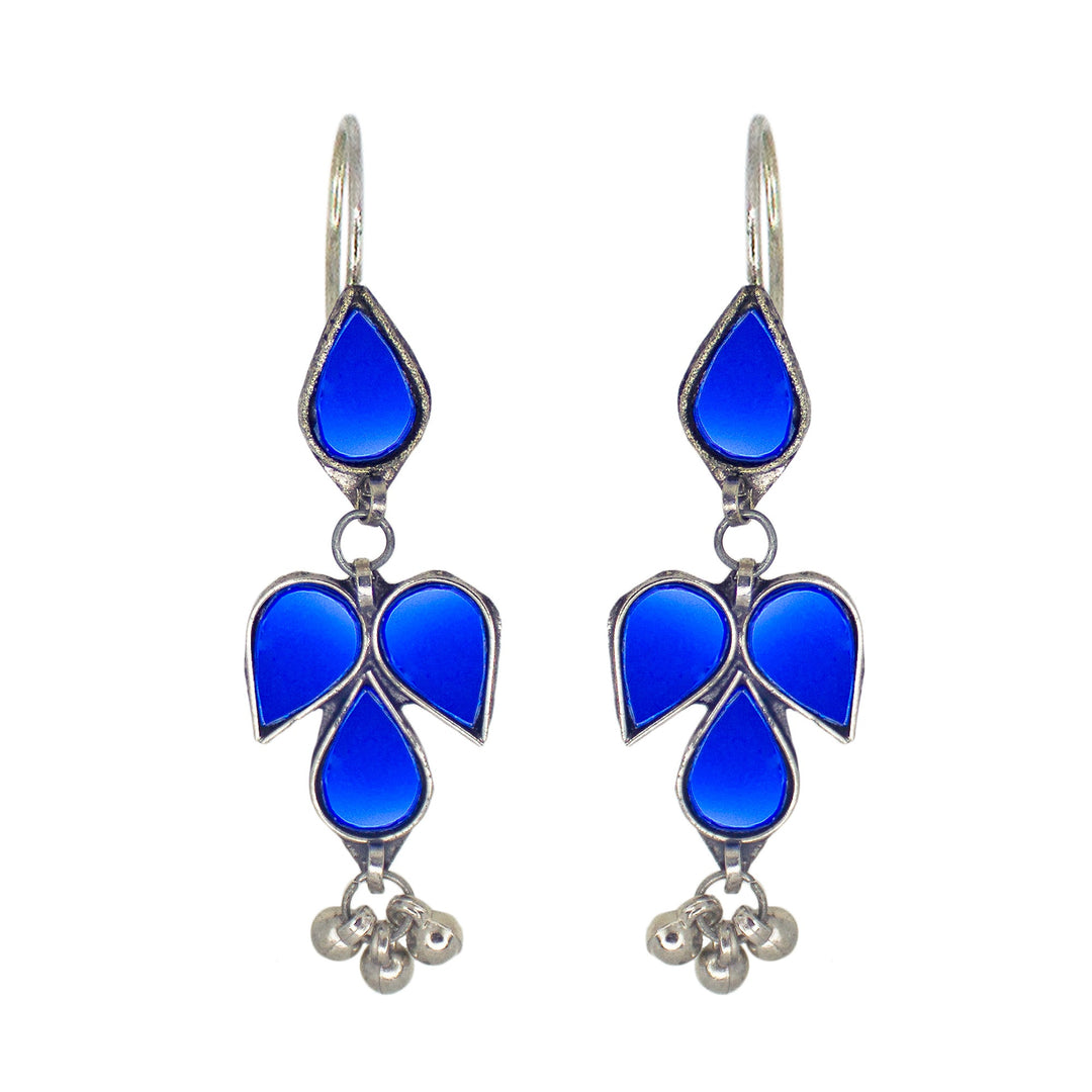 Abhinn Afghani Silver Plated Petal Shape Blue Glass Dangler Earrings For Women