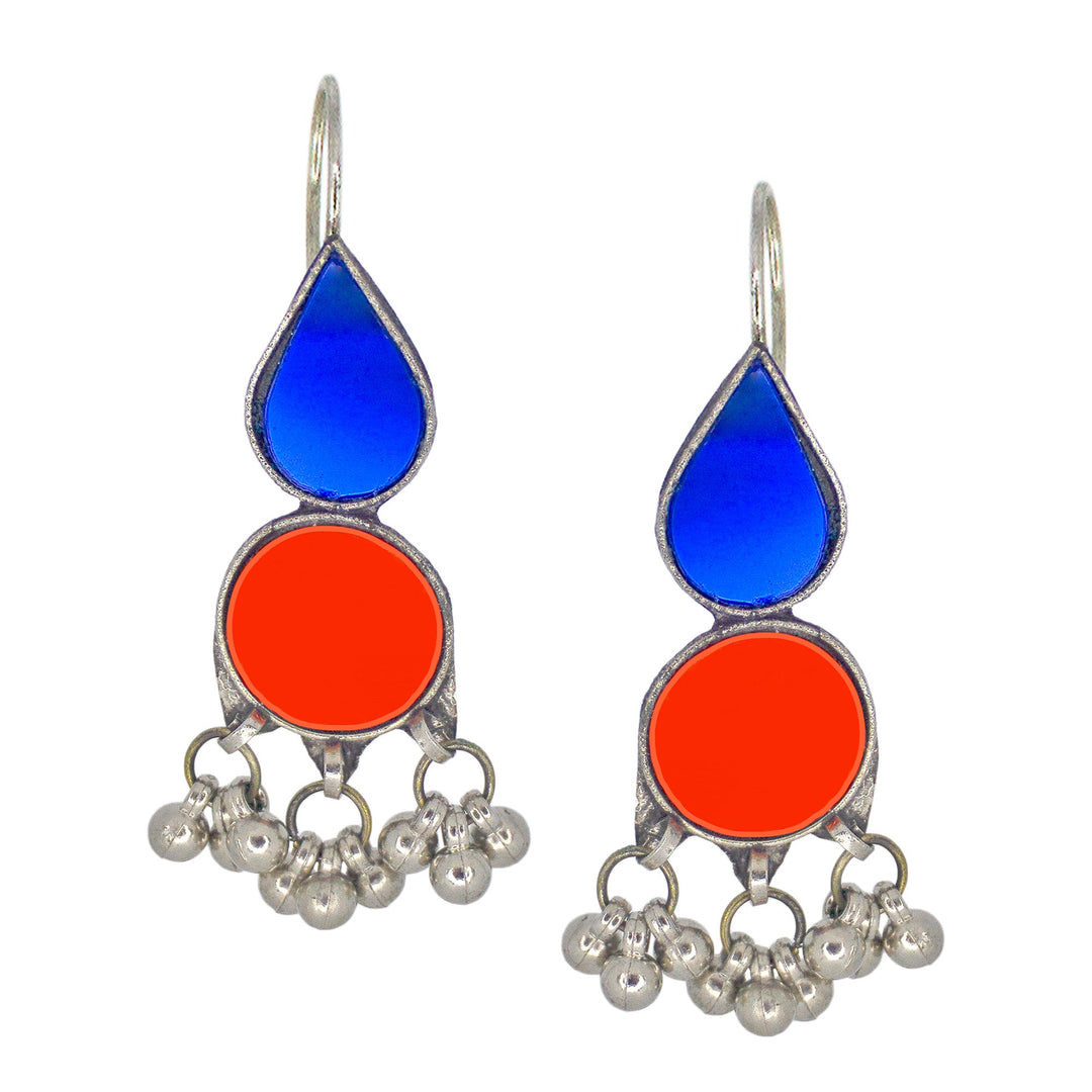 Abhinn Afghani Silver Plated Geometrical Parrot Blue-Red Glass Dangler Earrings For Women
