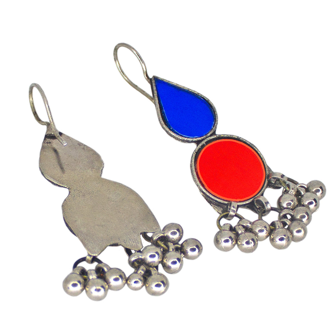 Abhinn Afghani Silver Plated Geometrical Parrot Blue-Red Glass Dangler Earrings For Women