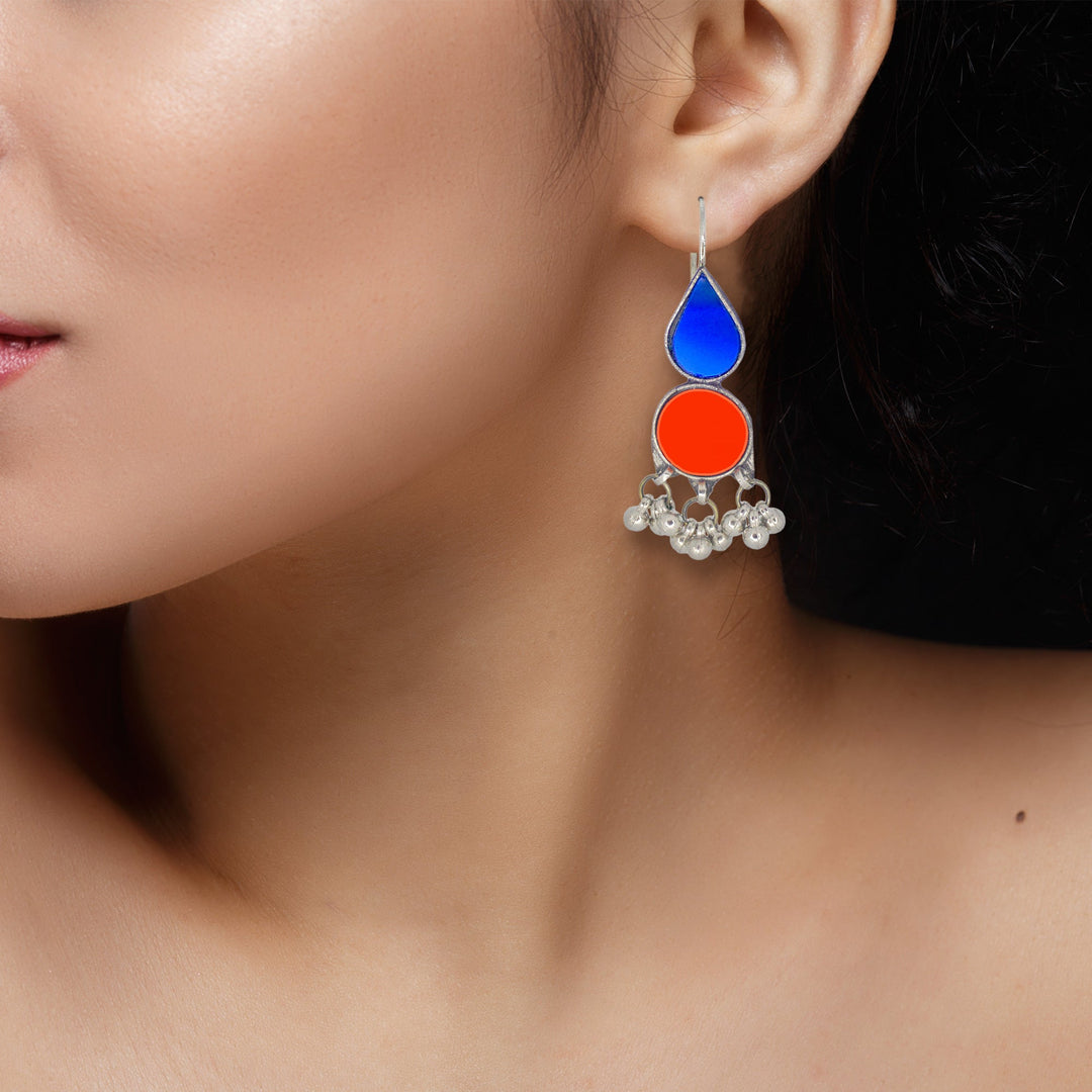Abhinn Afghani Silver Plated Geometrical Parrot Blue-Red Glass Dangler Earrings For Women