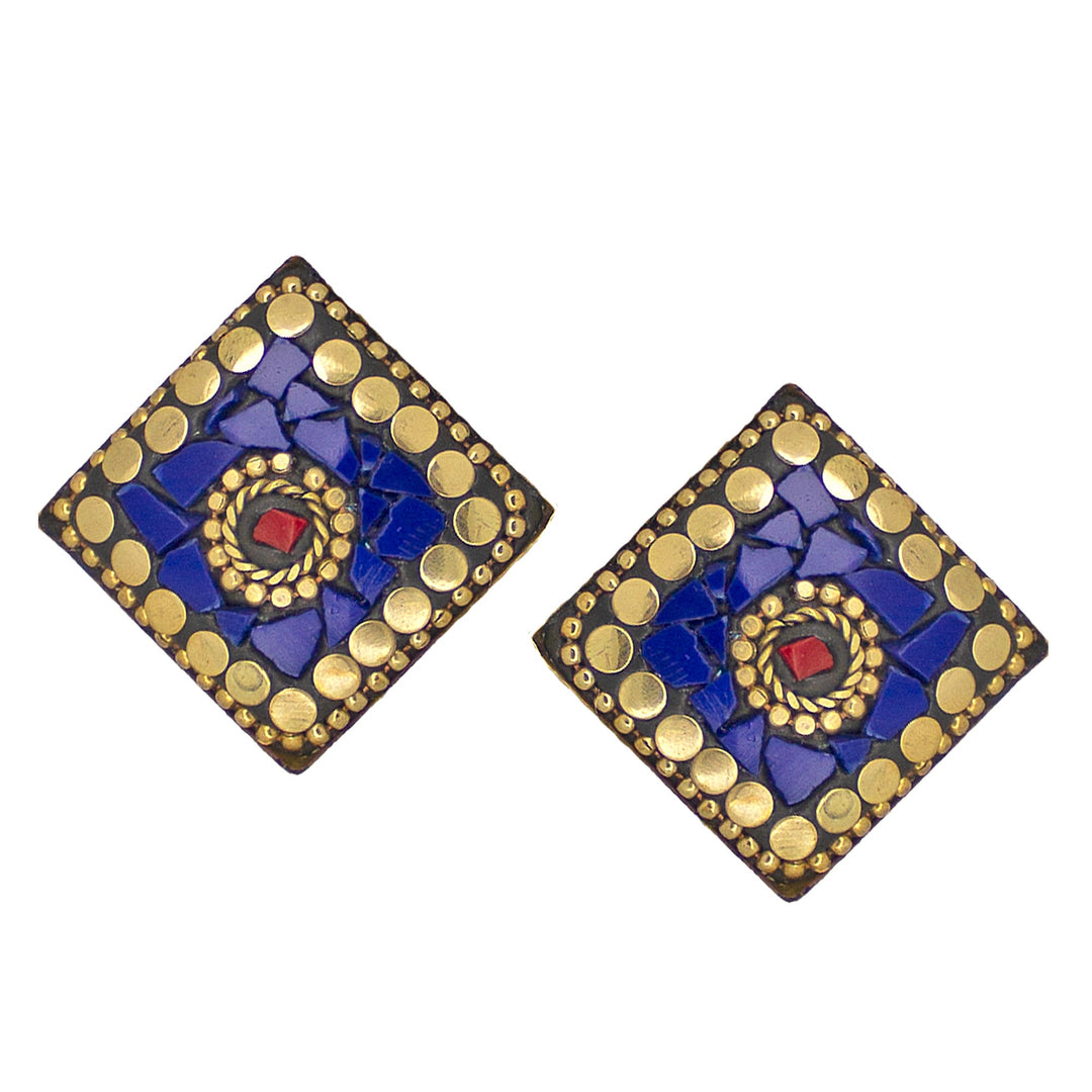 Abhinn Handmade Tibetan Gold Plated Blue Square Stud Earrings For Women