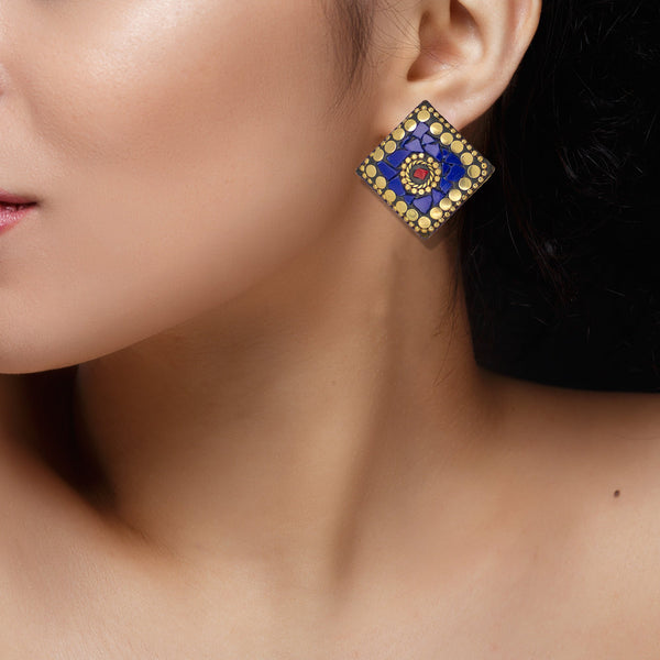 Abhinn Handmade Tibetan Gold Plated Blue Square Stud Earrings For Women