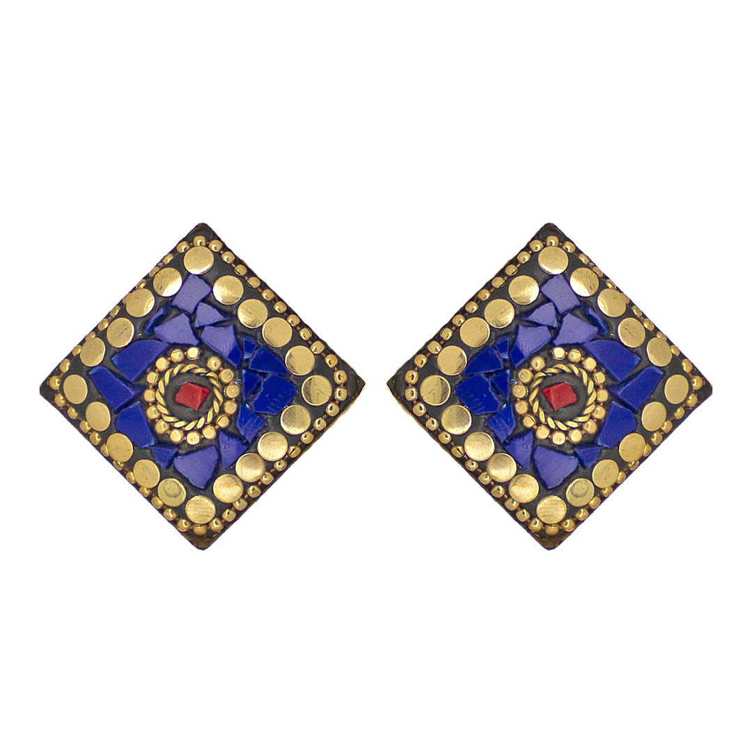 Abhinn Handmade Tibetan Gold Plated Blue Square Stud Earrings For Women
