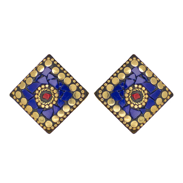 Abhinn Handmade Tibetan Gold Plated Blue Square Stud Earrings For Women