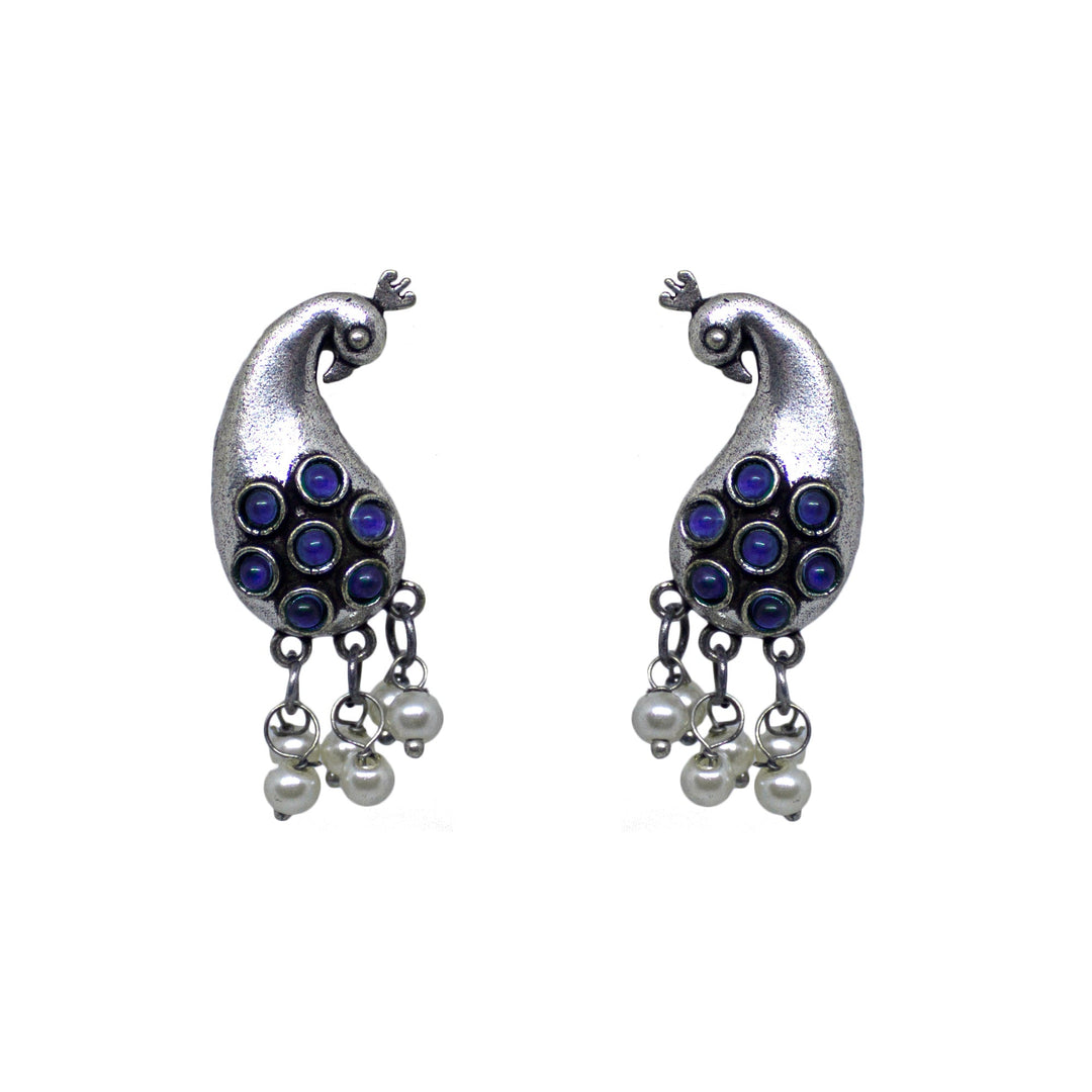 Abhinn Unique Silver Replica Peacock Design With Blue CZ Stones Stud Earrings For Women 