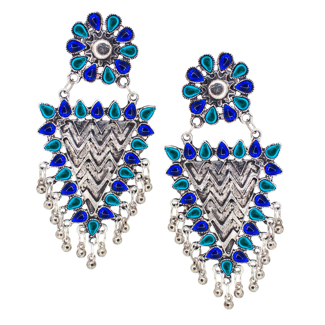 Abhinn Silver Oxidised Geometrical Design Blue Dangler Earrings For Women