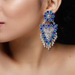Load image into Gallery viewer, Abhinn Silver Oxidised Geometrical Design Blue Dangler Earrings For Women
