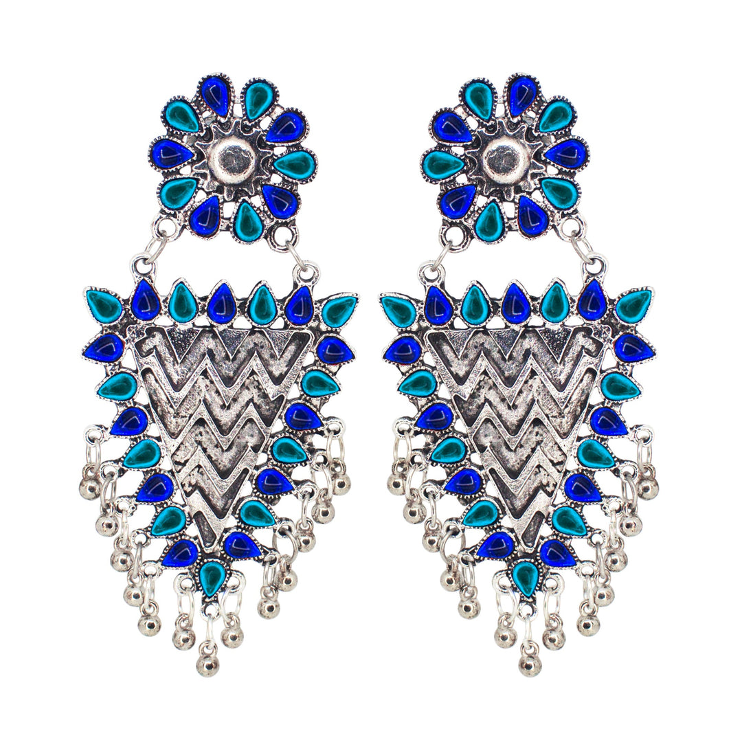 Abhinn Silver Oxidised Geometrical Design Blue Dangler Earrings For Women
