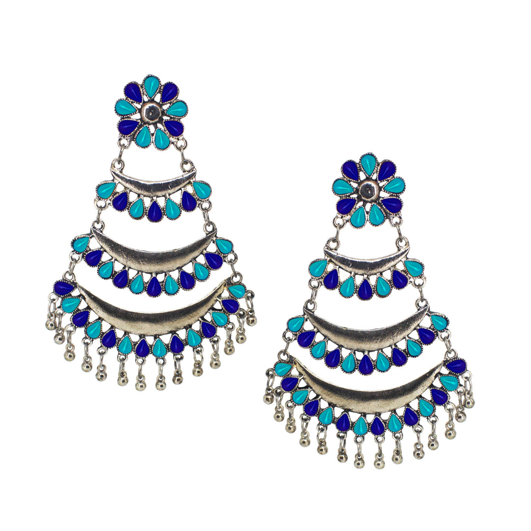 Abhinn Silver Oxidised Triple Layered Multi Colour Blue Dangler Earrings For Women